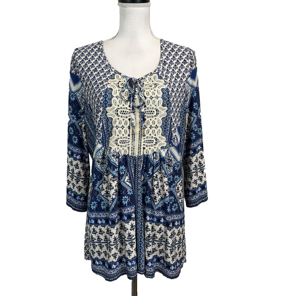 One World Blouse Tunic size Large Blue Floral Lace Stretch Peasant Boho Hippie - Picture 1 of 7